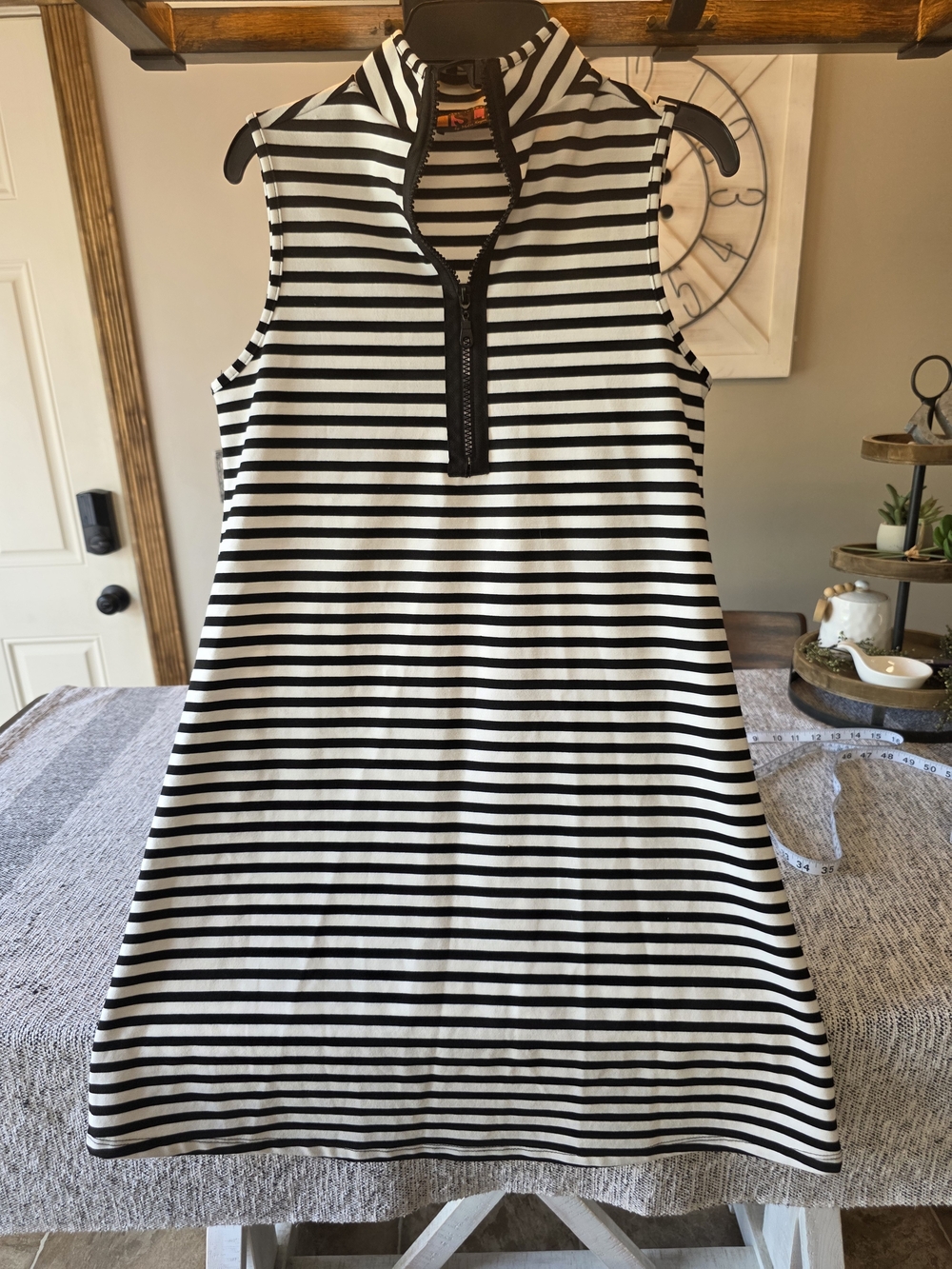Sleeveless Black & White Striped Zip-Front Midi Dress
